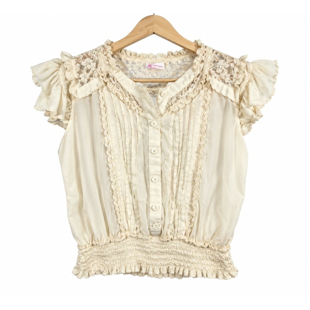No Boundaries Ivory Lace Ruffle Peasant Blouse Small Cottagecore Smocked Hem